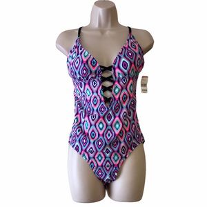 Bongo Geometric Pink One-Piece Swimsuit Large